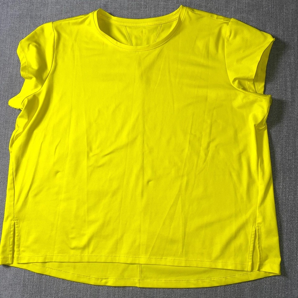 Womens T Shirt Yellow Cap Sleeve Mesh Crew Neck Side‎ Slits Moisture Wicking